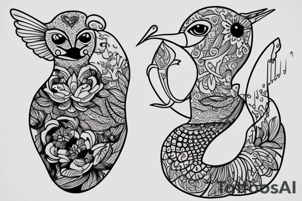 Russian doll with a hummingbird and swan tattoo idea