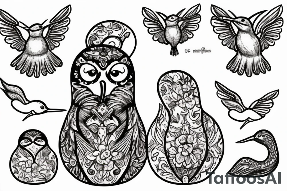 Russian doll with a hummingbird and swan tattoo idea