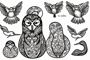Russian doll with a hummingbird and swan tattoo idea
