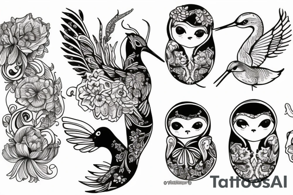 Russian doll with a hummingbird and swan tattoo idea
