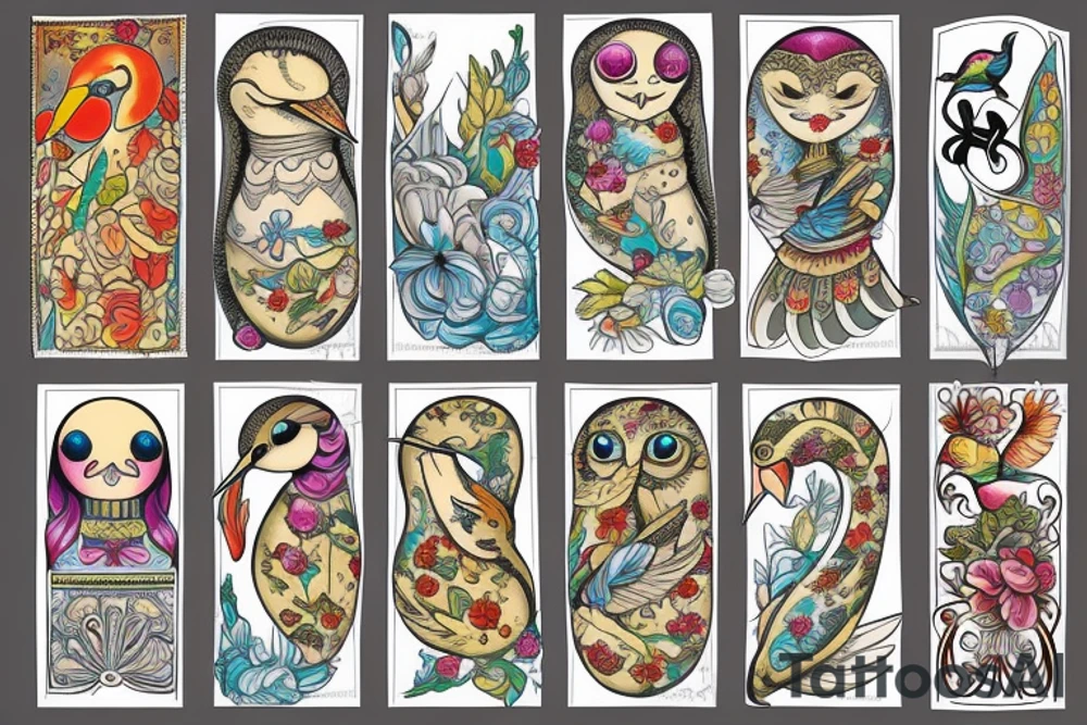 Russian doll with a hummingbird and swan tattoo idea