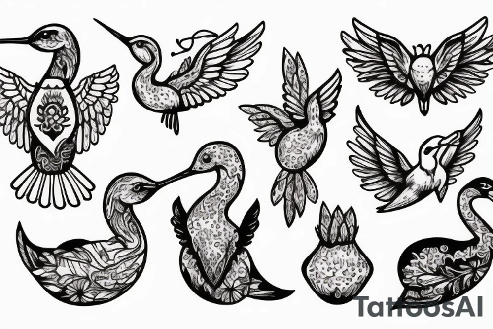 Russian doll with a hummingbird and swan tattoo idea