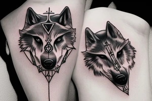 Half of a wolfs face with a cross on it that says “lonewolf” tattoo idea