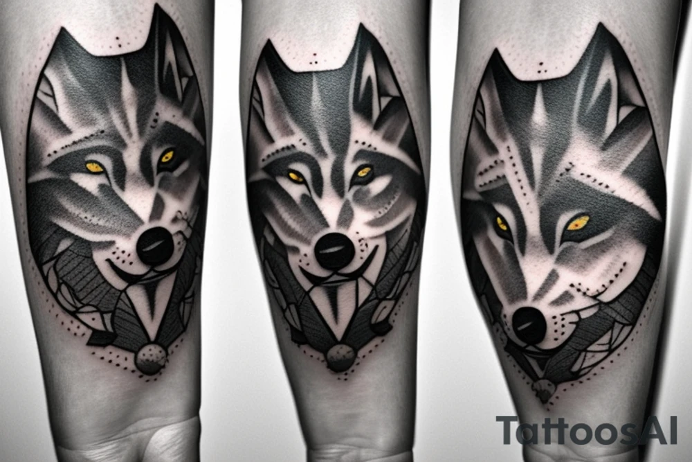 Half of a wolfs face with a cross on it that says “lonewolf” tattoo idea