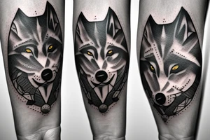 Half of a wolfs face with a cross on it that says “lonewolf” tattoo idea
