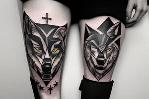 Half of a wolfs face with a cross on it that says “lonewolf” tattoo idea