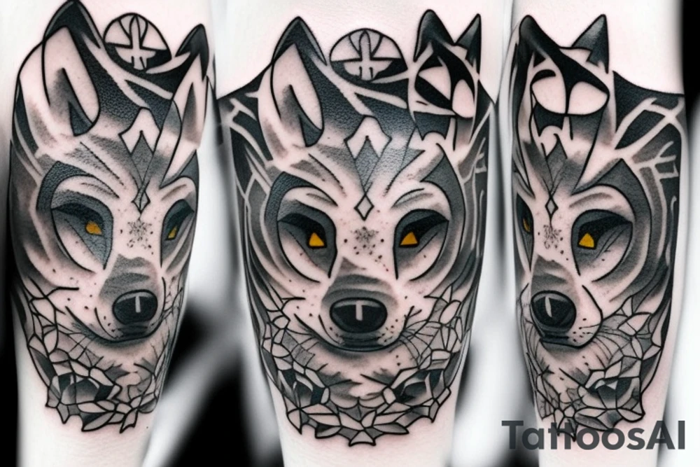 Half of a wolfs face with a cross on it that says “lonewolf” tattoo idea