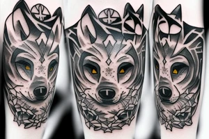 Half of a wolfs face with a cross on it that says “lonewolf” tattoo idea