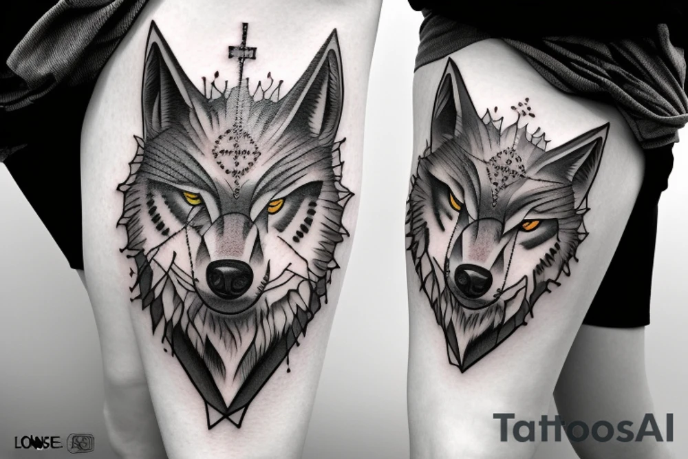 Half of a wolfs face with a cross on it that says “lonewolf” tattoo idea