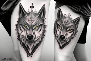 Half of a wolfs face with a cross on it that says “lonewolf” tattoo idea