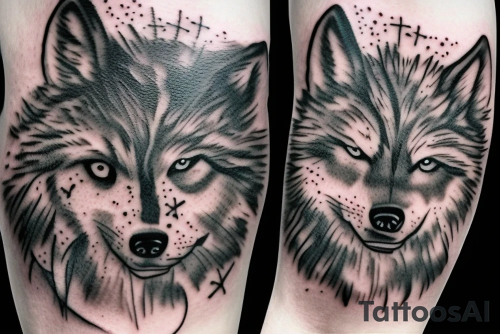 Half of a wolfs face with a cross on it that says “lonewolf” tattoo idea