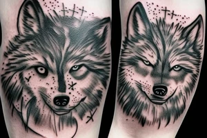 Half of a wolfs face with a cross on it that says “lonewolf” tattoo idea