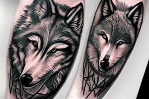 Half of a wolfs face with a cross on it that says “lonewolf” tattoo idea