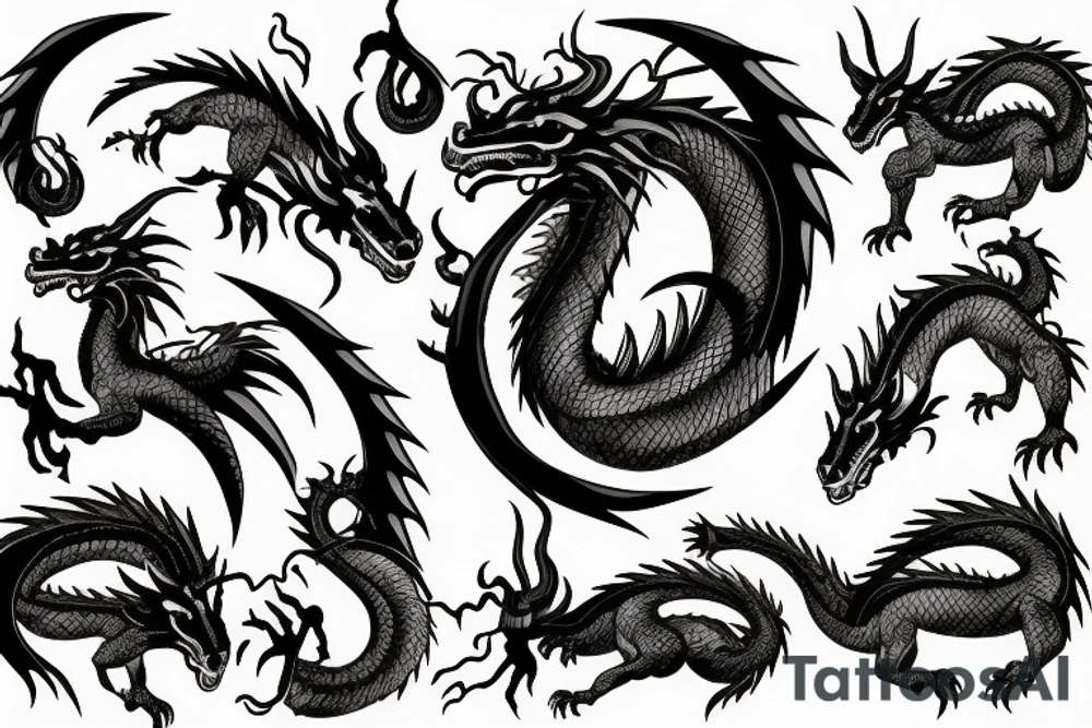 Dragon on mountain surrounded by rams tattoo idea