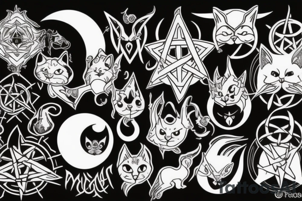 cat, witch, witchcraft, moon, magic, fantasy, mystic, pentagram, Hecate, dark, spell, ritual tattoo idea