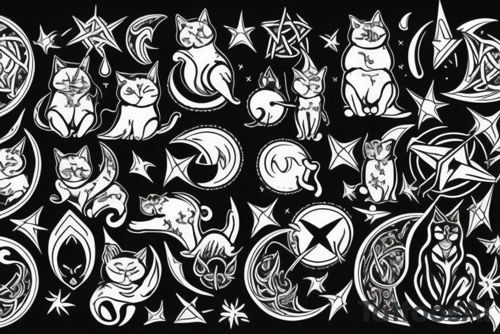 cat, witch, witchcraft, moon, magic, fantasy, mystic, pentagram, Hecate, dark, spell, ritual tattoo idea