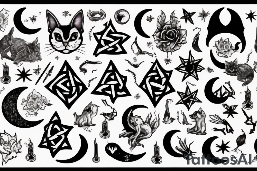 cat, witch, witchcraft, moon, magic, fantasy, mystic, pentagram, Hecate, dark, spell, ritual tattoo idea
