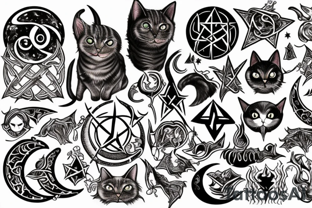 cat, witch, witchcraft, moon, magic, fantasy, mystic, pentagram, Hecate, dark, spell, ritual tattoo idea