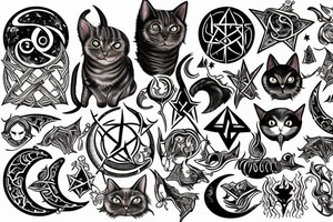 cat, witch, witchcraft, moon, magic, fantasy, mystic, pentagram, Hecate, dark, spell, ritual tattoo idea