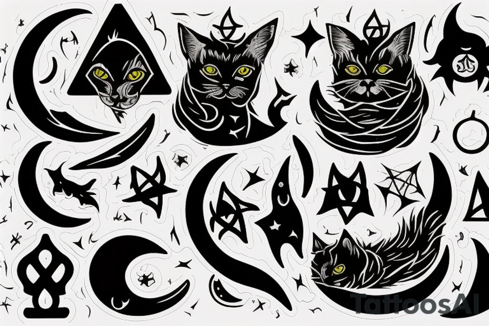 cat, witch, witchcraft, moon, magic, fantasy, mystic, pentagram, Hecate, dark, spell, ritual tattoo idea