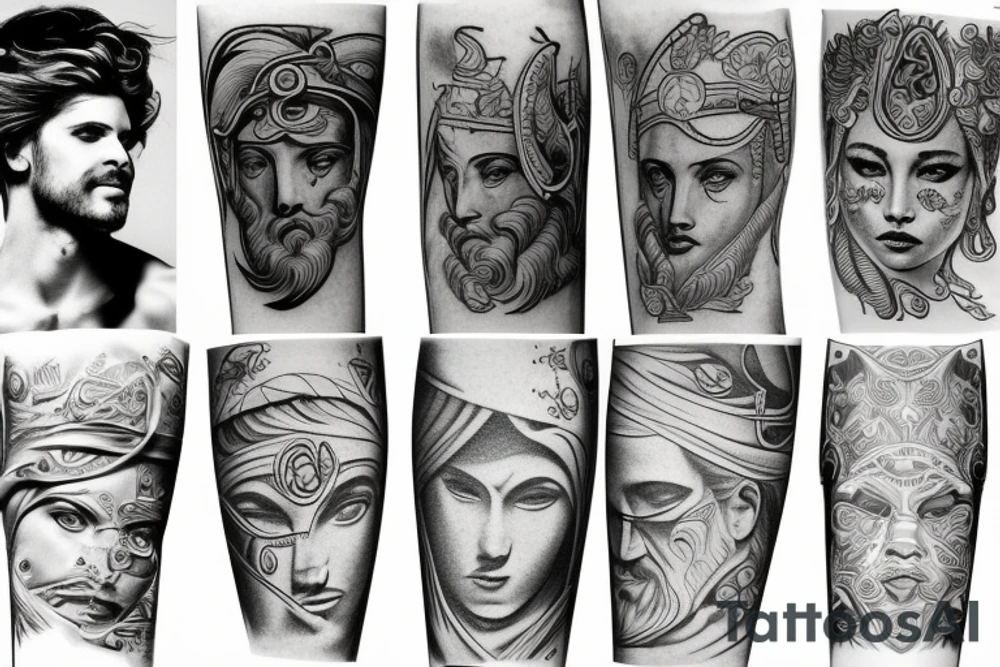 Greek god, water, black and white tattoo idea