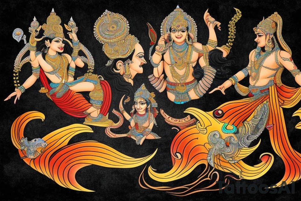 Hindu style Mahabharata, in waves of water tattoo idea