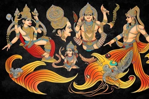 Hindu style Mahabharata, in waves of water tattoo idea