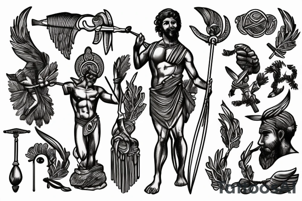 Male Greek god holding spear as a statue surrounded by water tattoo idea