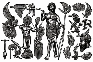 Male Greek god holding spear as a statue surrounded by water tattoo idea