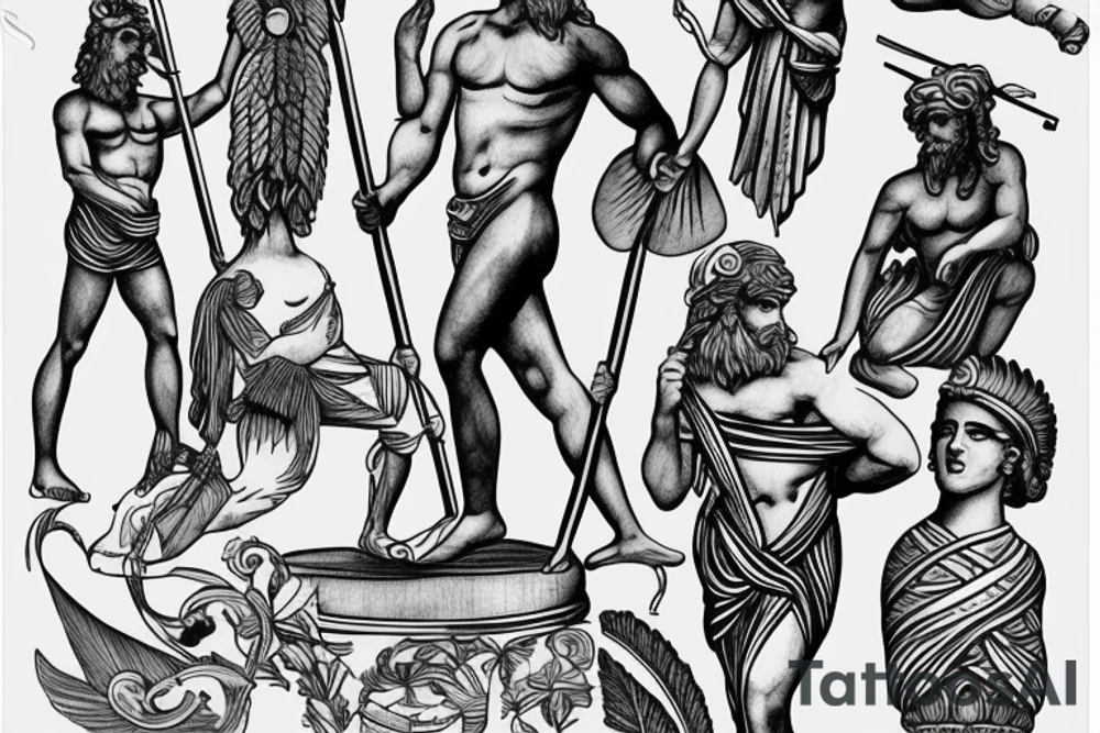 Male Greek god holding spear as a statue surrounded by water tattoo idea