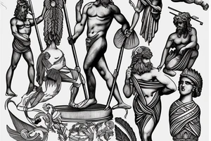 Male Greek god holding spear as a statue surrounded by water tattoo idea