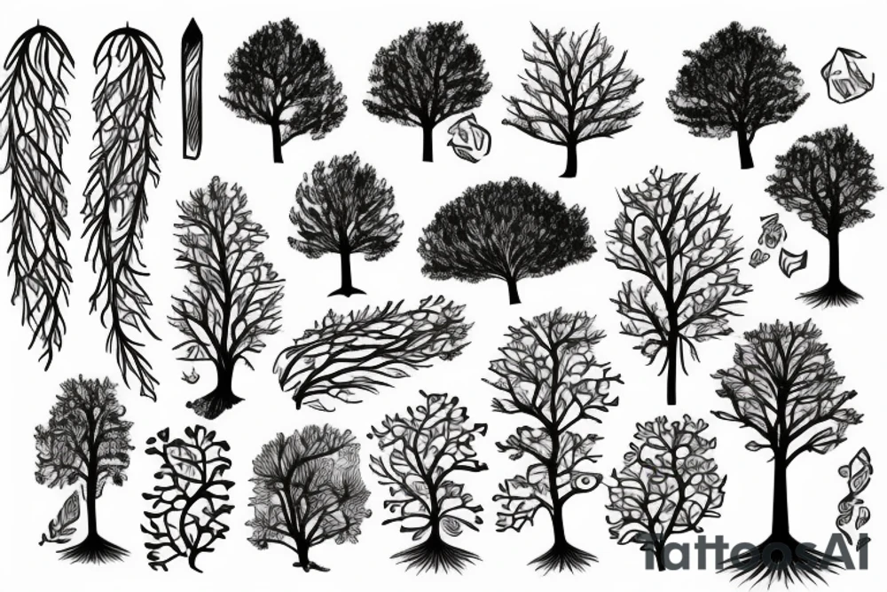 Straight tree with roots and leaves tattoo idea