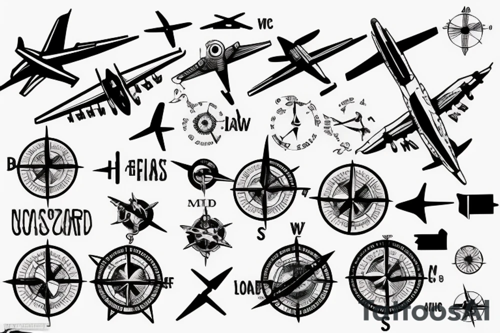 Aircraft with coordinates on map with compass tattoo idea