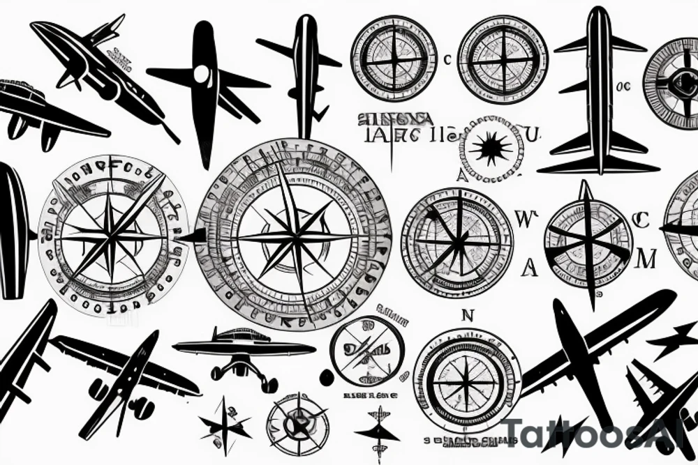Aircraft with coordinates on map with compass tattoo idea