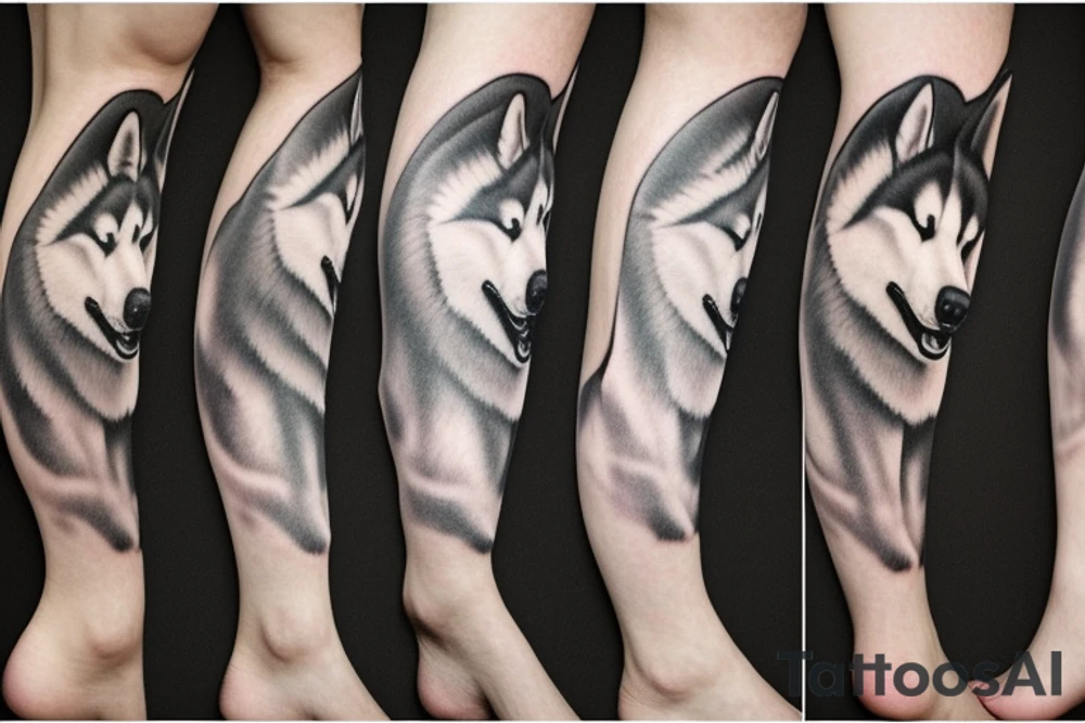 Leg sleeve, husky reflection and mini portraits in motion of same husky. Dark crow sihoullette tattoo idea