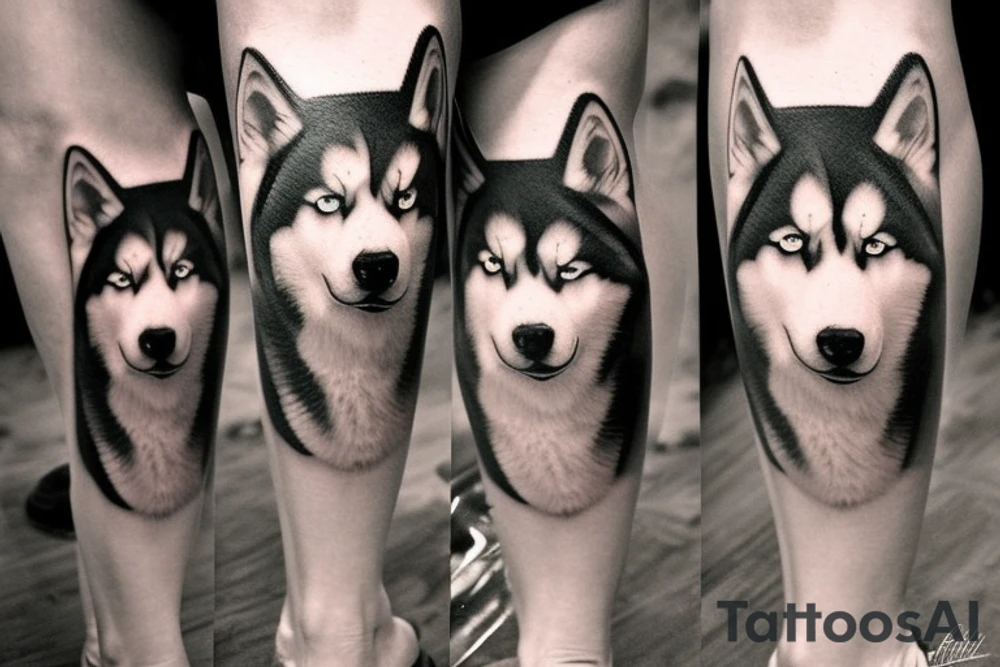 Leg sleeve, husky reflection and mini portraits in motion of same husky. Dark crow sihoullette tattoo idea