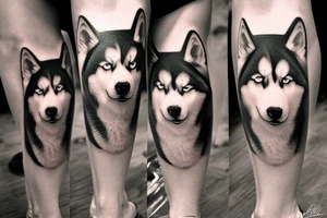 Leg sleeve, husky reflection and mini portraits in motion of same husky. Dark crow sihoullette tattoo idea