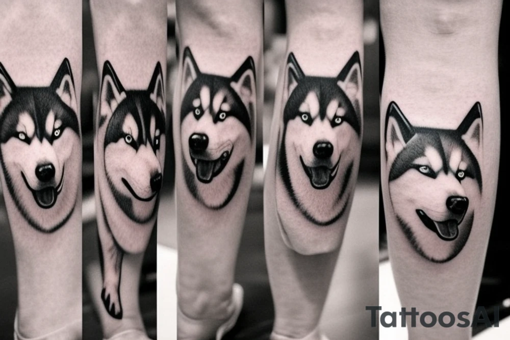 Leg sleeve, husky reflection and mini portraits in motion of same husky. Super realistic tattoo idea