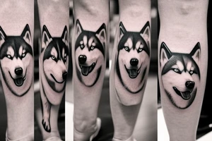 Leg sleeve, husky reflection and mini portraits in motion of same husky. Super realistic tattoo idea