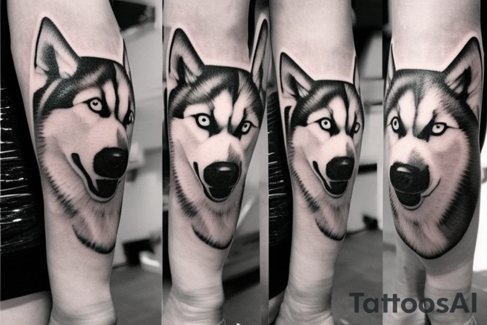 Leg sleeve, husky reflection and mini portraits in motion of same husky. Super realistic tattoo idea
