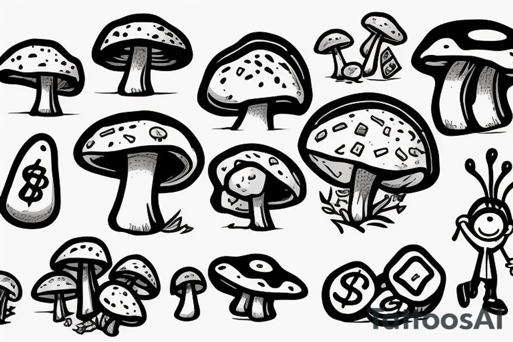 Mushroom character holding money tattoo idea