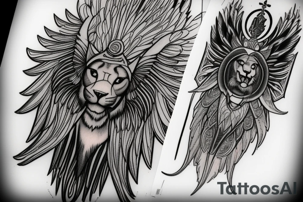 Combination archangel with lion for bremst and half sleeve tattoo idea