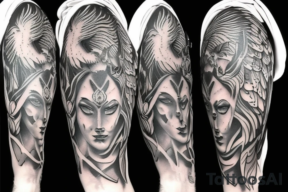 Combination archangel with lion for bremst and half sleeve tattoo idea