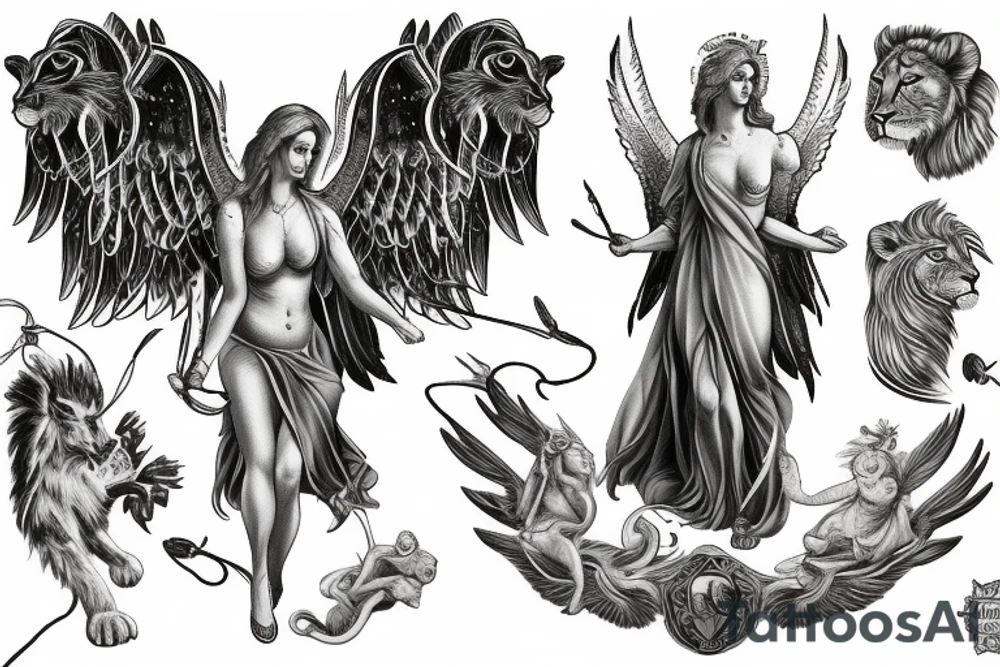archangel with lion for breast and half sleeve tattoo idea