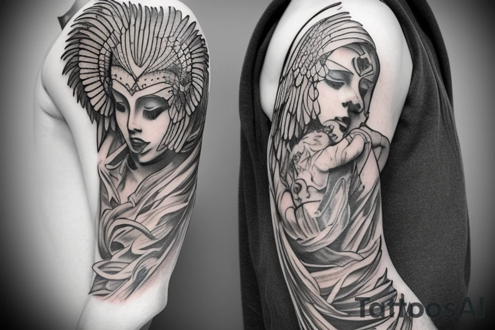 archangel with lion for breast and half sleeve tattoo idea