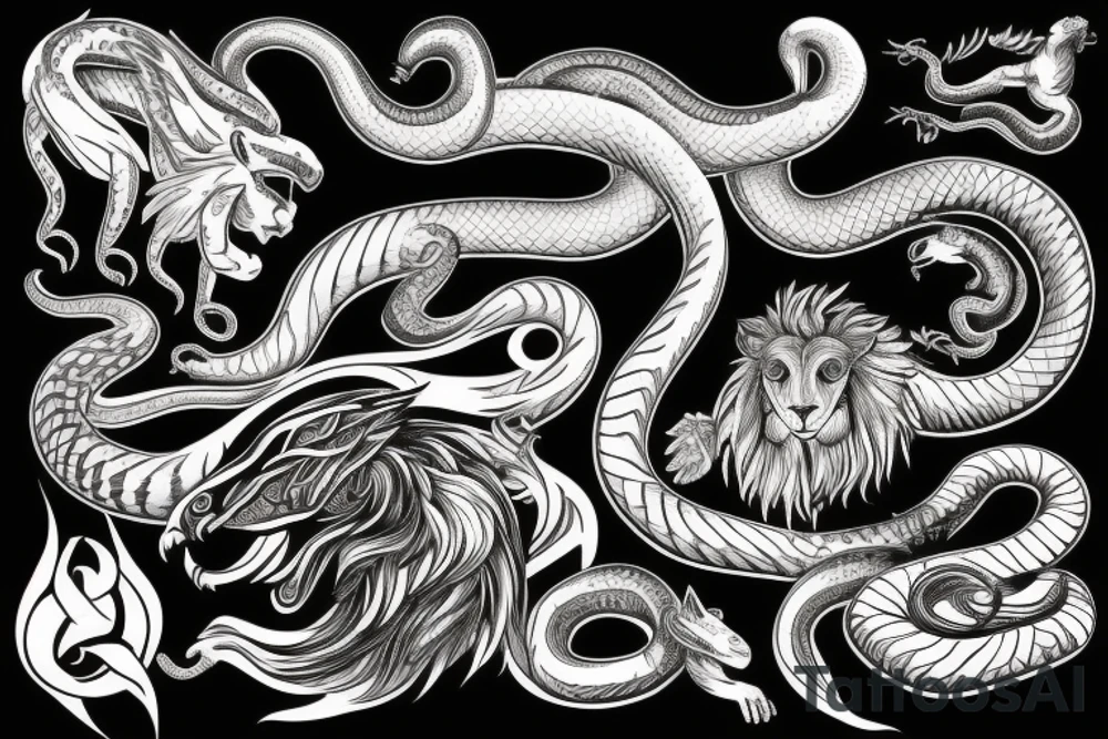 A snake wraps around a winged lion tattoo idea