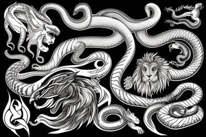 A snake wraps around a winged lion tattoo idea