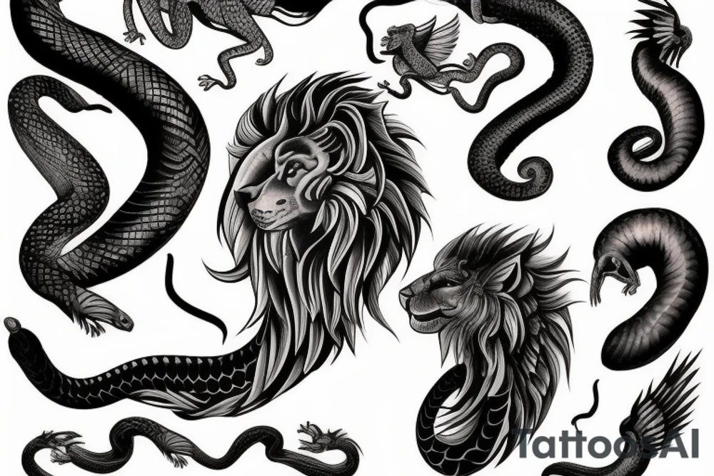A snake wraps around a winged lion tattoo idea
