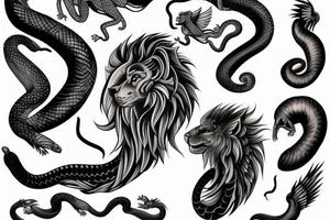 A snake wraps around a winged lion tattoo idea