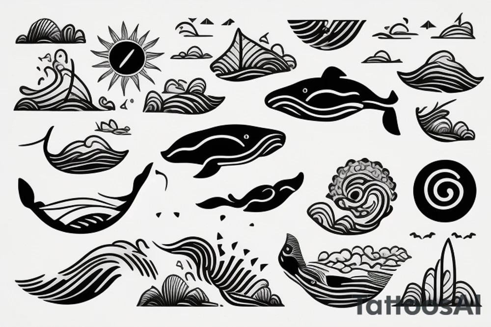 whale swimming on the waves, sun tattoo idea